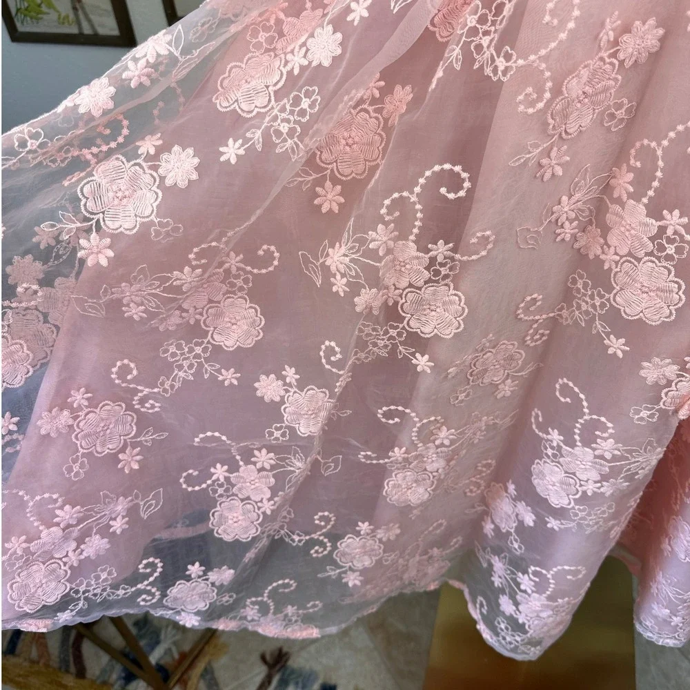Fehaute SZ6 Pink Floral Lace Midi Dress Wrap V-Neck Sleeveless Pockets lined Bow